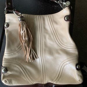 B Makowsky Ivory Pearlescence Leather Handbag with Equestrian Style Accents